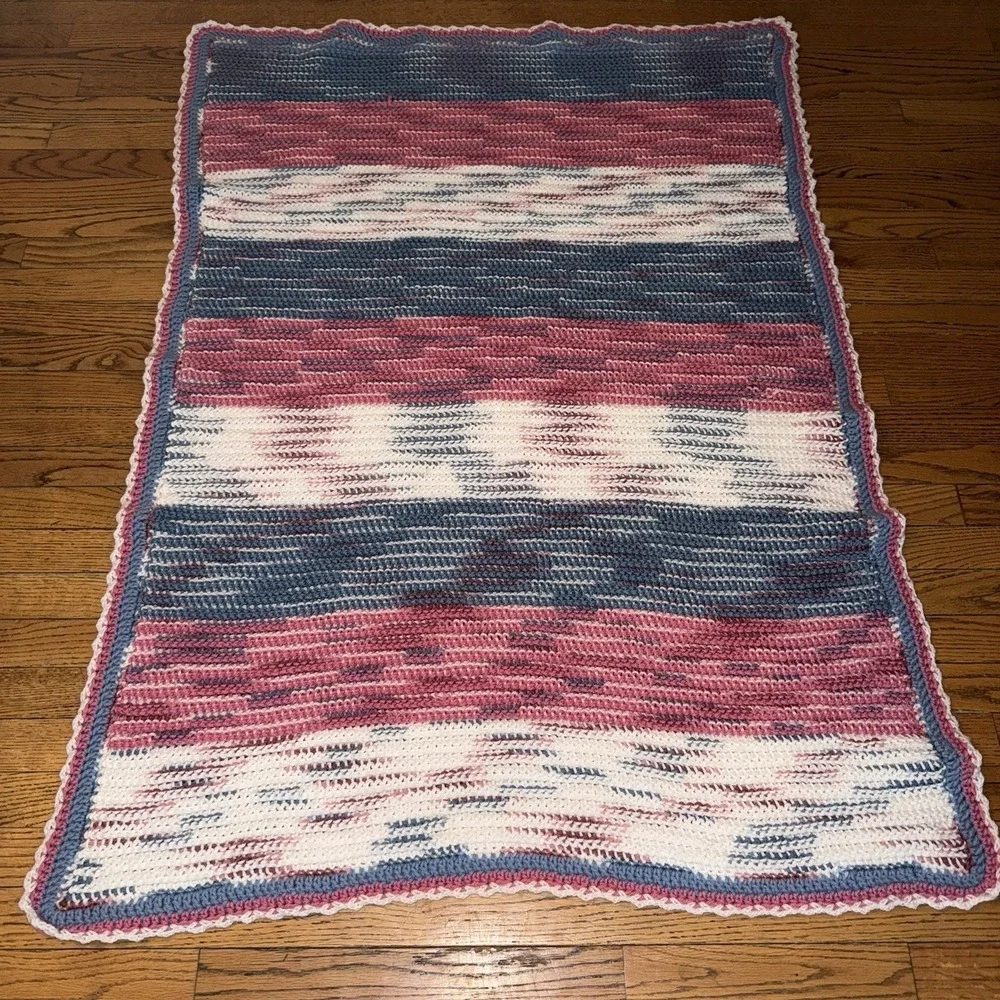 Handmade crochet afghan / throw blanket Pink Blue White Approximately 57.5x40.5